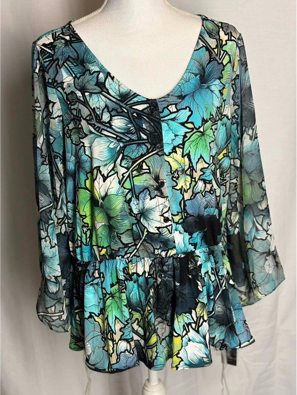Vintage Style & Co Blue Green Black Tunic Blouse Top V Neck Peplum Waist 0X NWT
